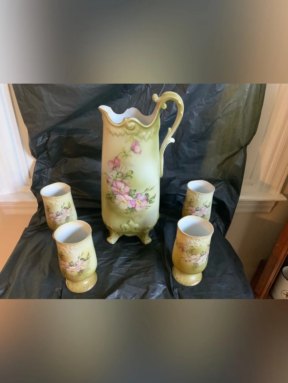 Nippon Hand Painted Floral Porcelain Pitcher and Four Goblets